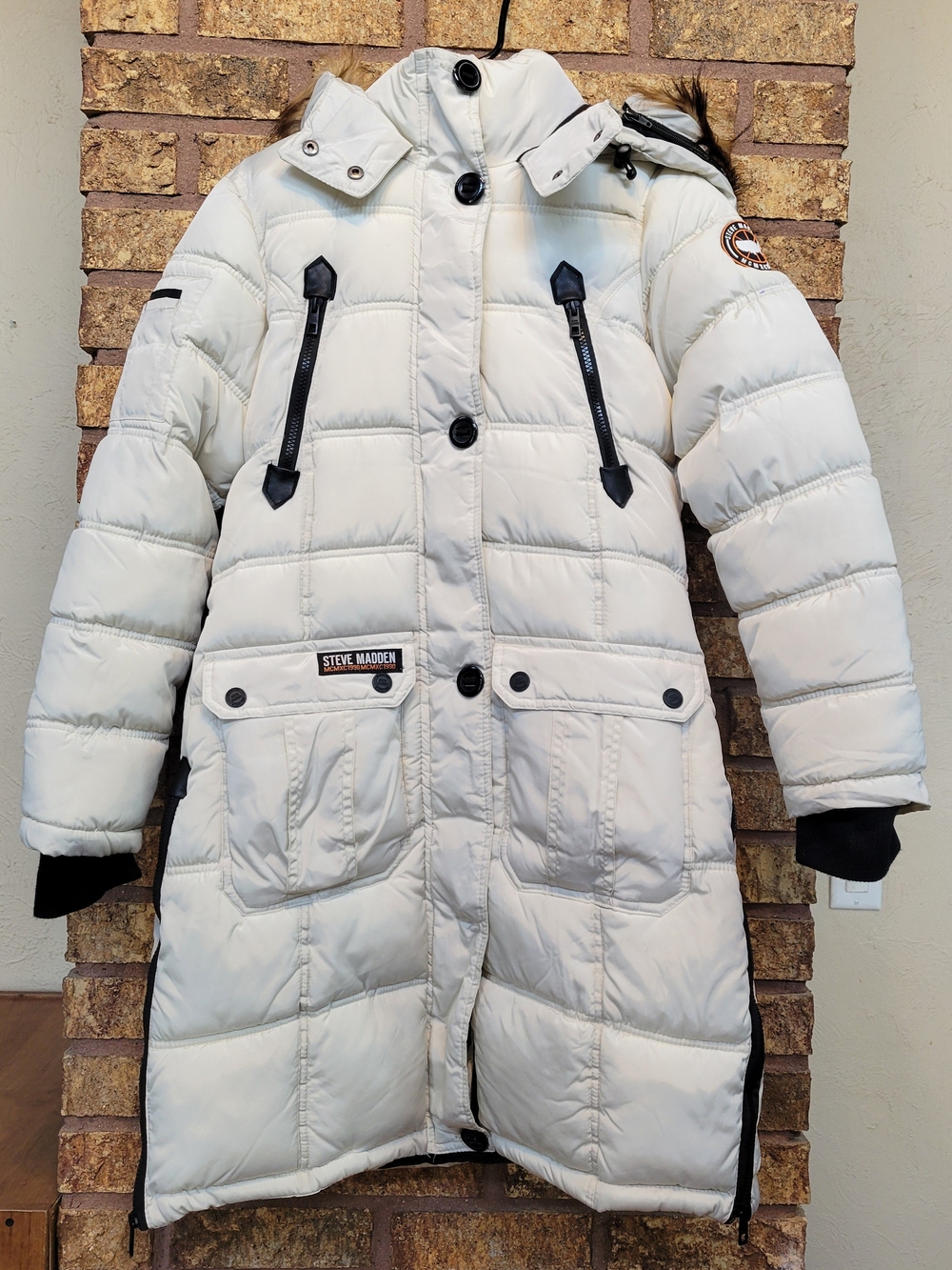 Steve Madden Long Puffer Coat Hooded Faux Fur Winter Ski Jacket Size Small Cream